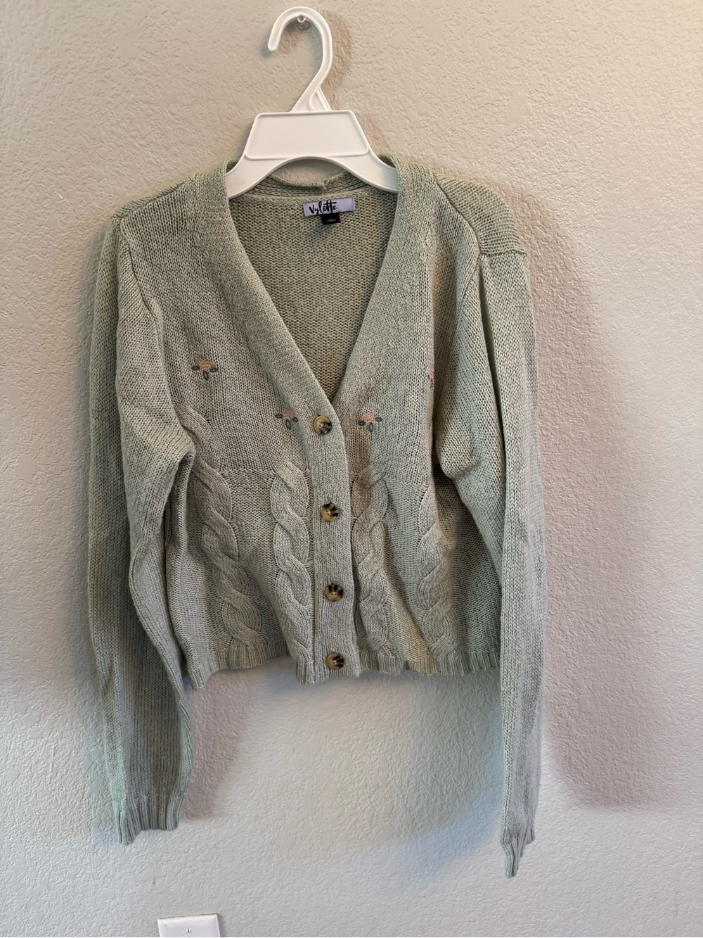 Vylette Cottagecore Sage Green Floral Embroidered Knit Cardigan L
